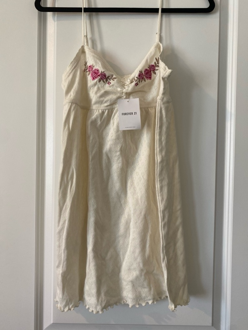 Forever 21 Cream Slip Dress with Pink Rose Embroidery